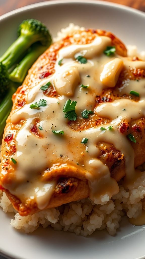 Tender garlic parmesan chicken on a plate with creamy sauce, garnished with parsley, served with rice and broccoli.